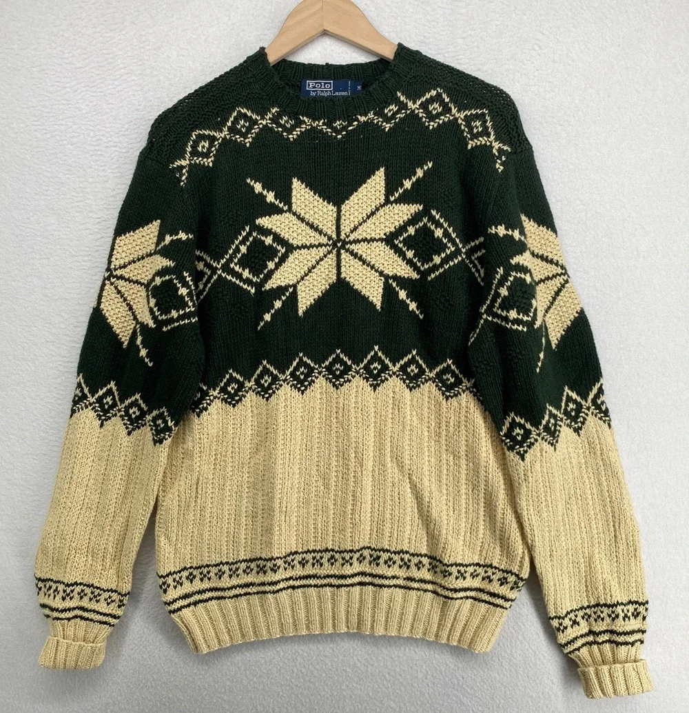 POLO RALPH LAUREN Sweater Mens M Linen Cotton Nordic Snowflake Holiday Green VTG